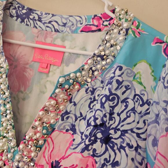 Lilly Pulitzer Elenora Silk Dress Floral Pearls Beaded Womens Size Large - Picture 8 of 13